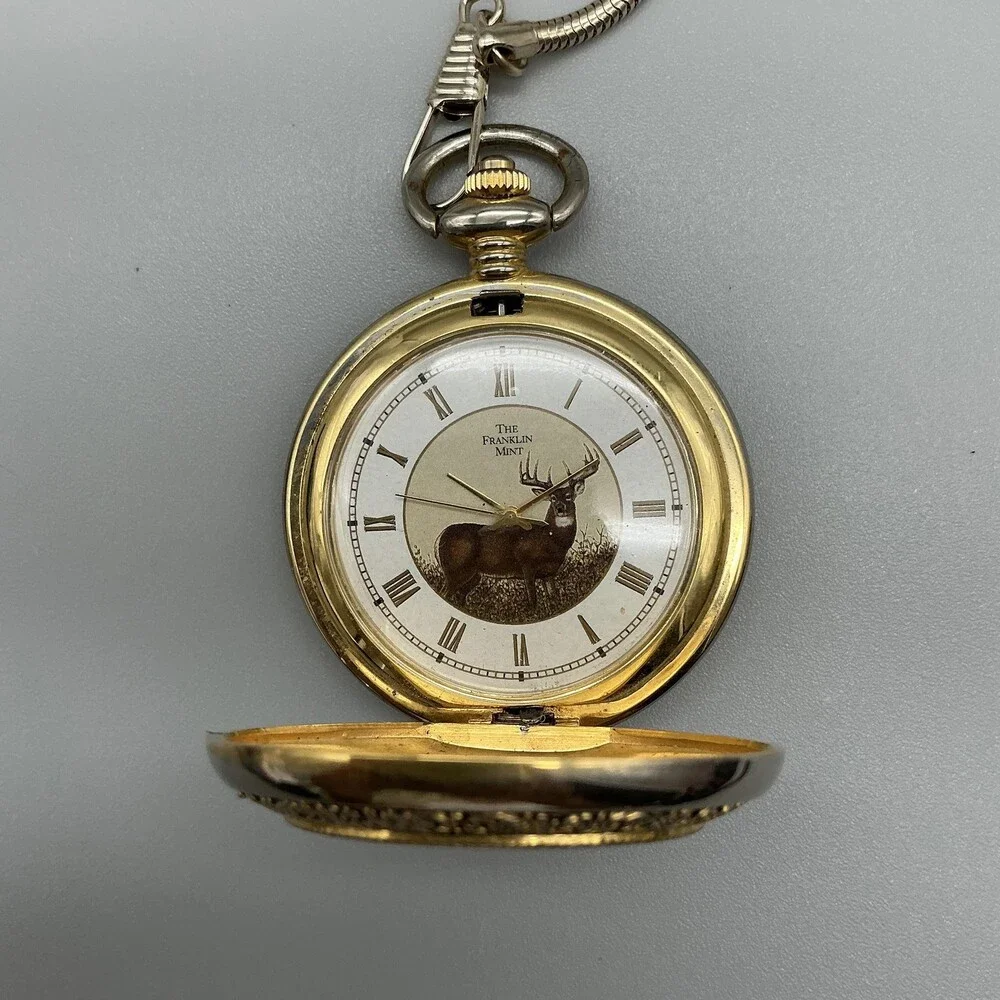 Franklin Mint American Wildlife Mens Pocket Watch 51mm Deer Chain New Battery